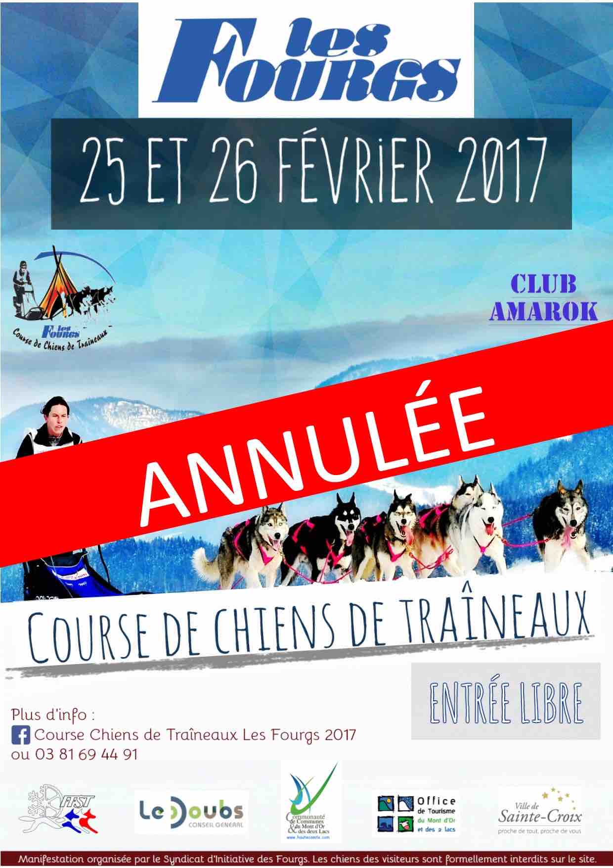 Annulation de la Course de Chiens de Traîneaux aux Fourgs des 25 et 26 février 2017