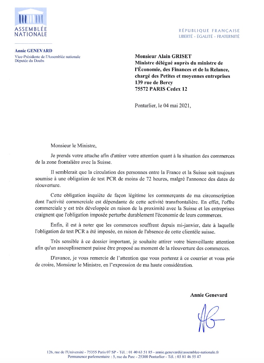 Commerces de proximité : Annie Genevard appelle à un assouplissement des règles de circulation en zone transfrontalière.