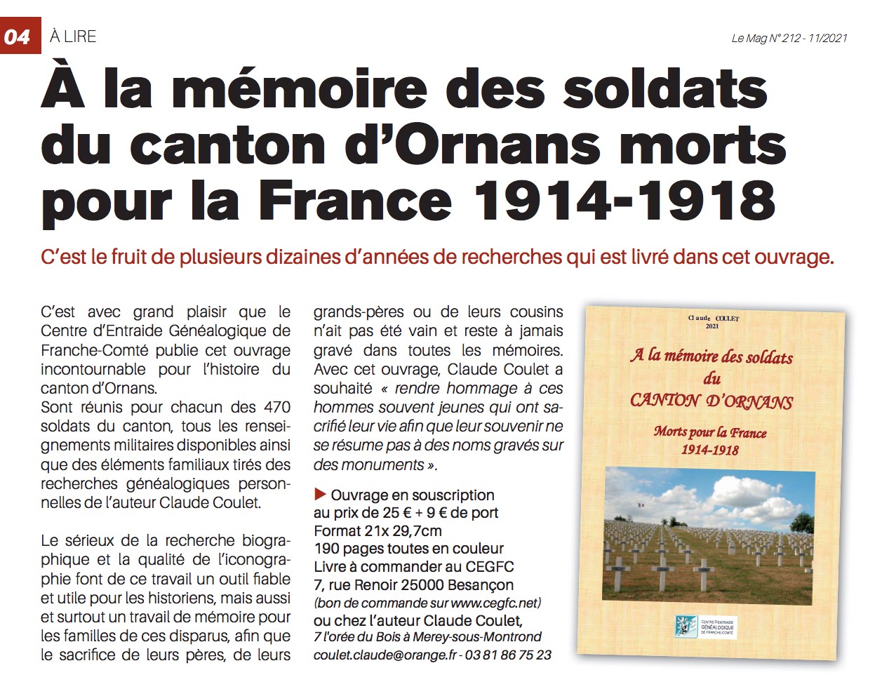 À la mémoire des soldats du canton d’Ornans morts pour la France 1914-1918.