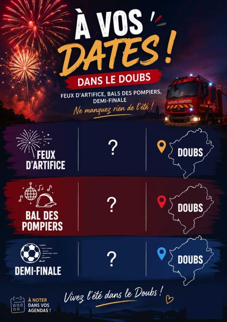 Feux d’artifice ? Bal des pompiers ? Demi-finale ? Les lieux dans le Doubs.